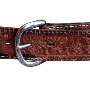 sz 34 35 36 Vintage Belt Brown Leather Embossed 1980's Trucker Cowboy Western